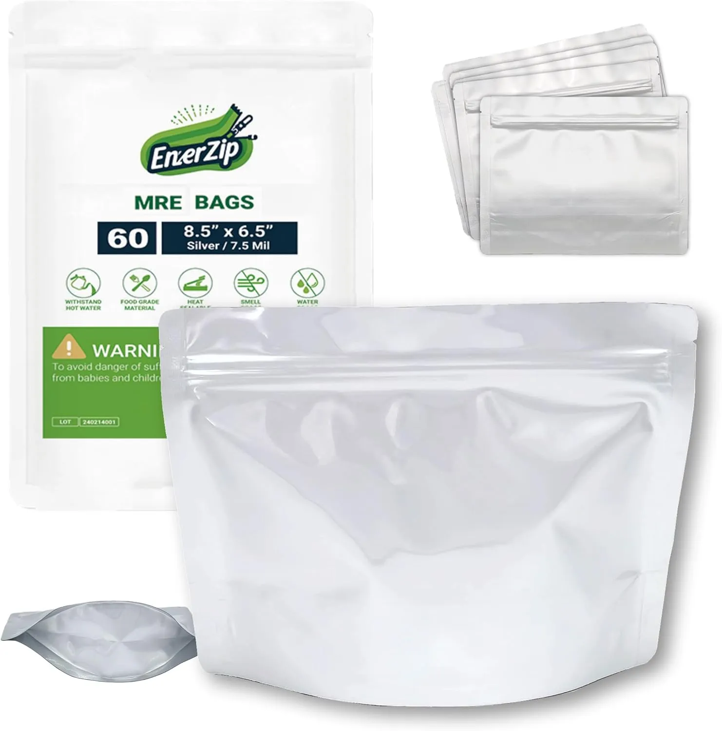 MRE 30 Pack Mylar Bag 7.5”x8.5”x6.5”, Ideal For Camping or Backpacking, Meal Ready To Eat Heat Sealable & Withstand Boiling Water For long Term Food Storage.