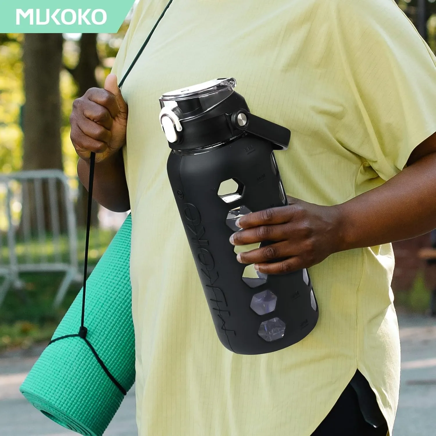 MUKOKO Glass Water Bottles 64oz with 2 Lids, Half Gallon Bottle with Straws and Measurements, 2L Sports Glass Jug with Silicone Sleeve, Leakproof, Black