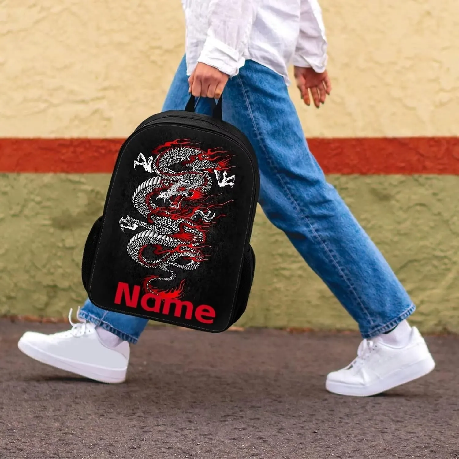 Mumeson Customized Personalization 17" Backpack Kids, School Travel Backpacks Satchel Casual Denim Dog Print Rucksack Daypack for Girls Boys Cute Daily Rucksack