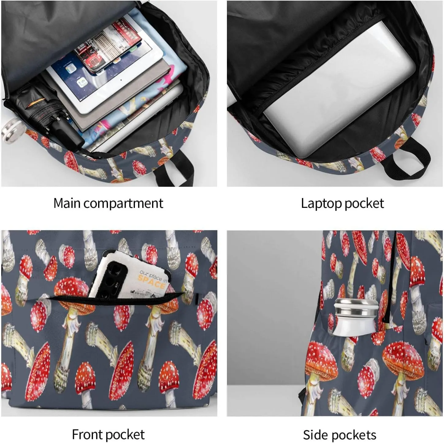 Mushroom Laptop Commuter Backpack Shoulder Bag Casual Back Pack Daypack Bags With Side Pockets For Work Travel Daily Use
