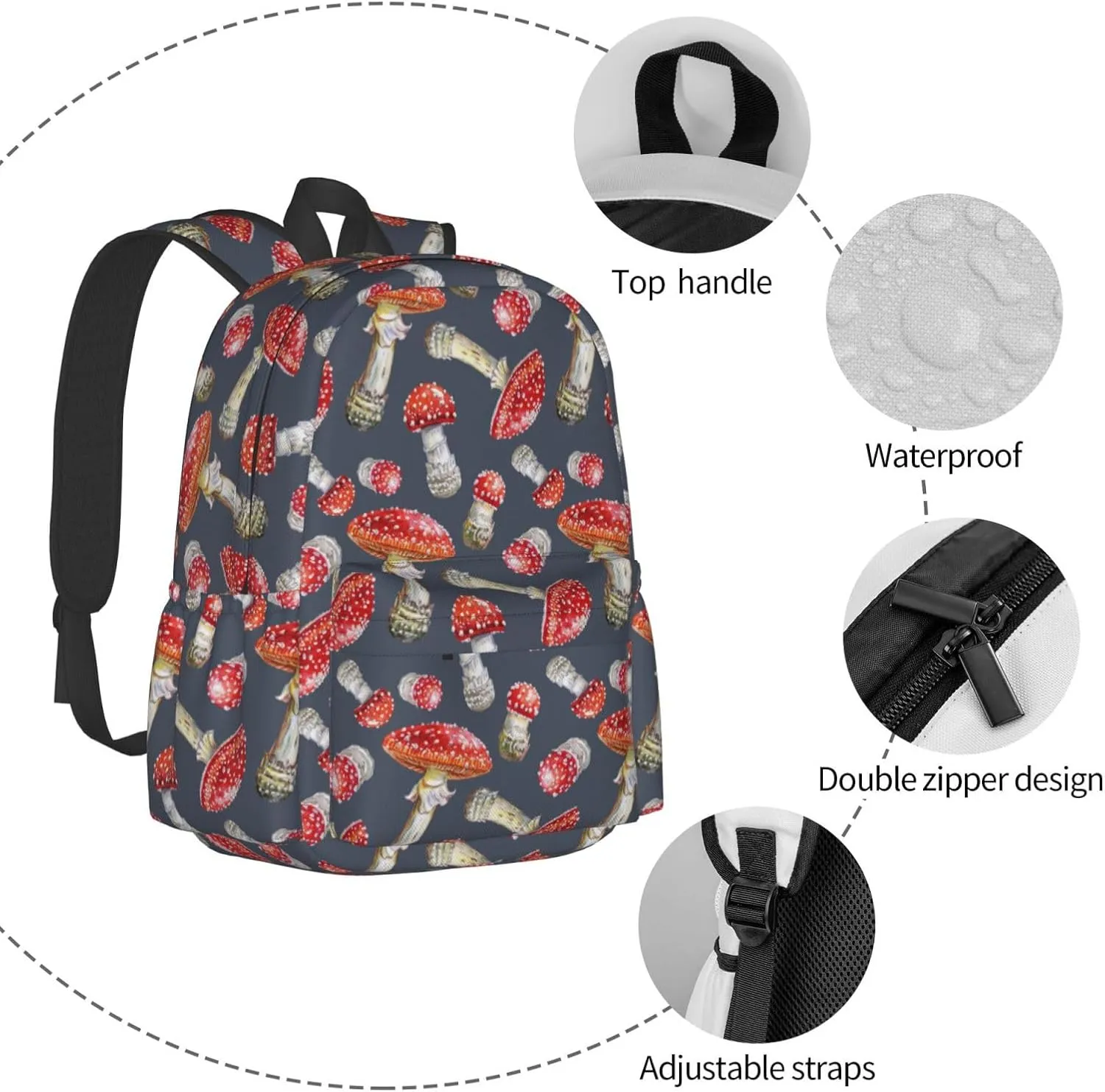 Mushroom Laptop Commuter Backpack Shoulder Bag Casual Back Pack Daypack Bags With Side Pockets For Work Travel Daily Use