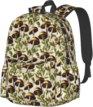 Mushrooms Green Leaves Laptop Commuter Backpack Shoulder Bag Casual Back Pack Daypack Bags With Side Pockets For Work Travel Daily Use
