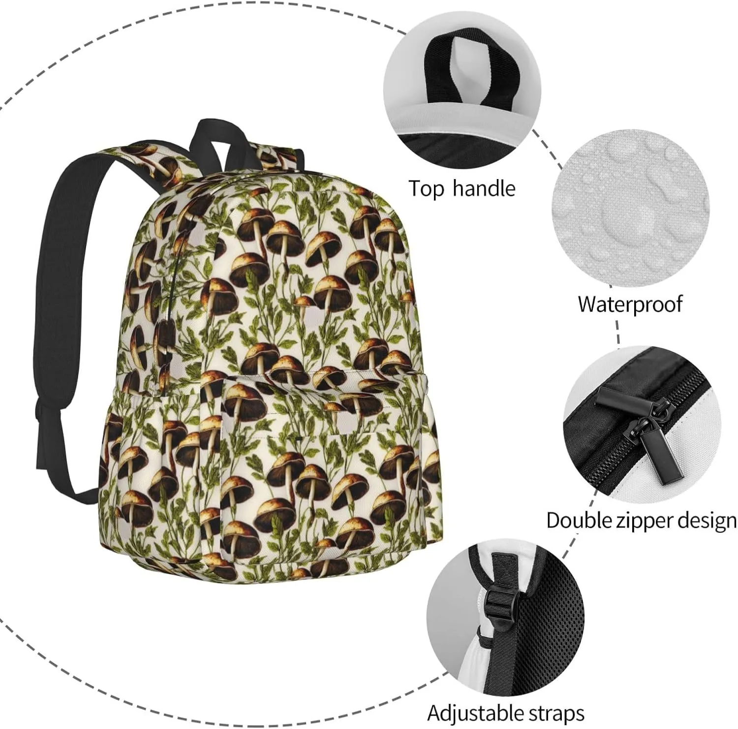 Mushrooms Green Leaves Laptop Commuter Backpack Shoulder Bag Casual Back Pack Daypack Bags With Side Pockets For Work Travel Daily Use