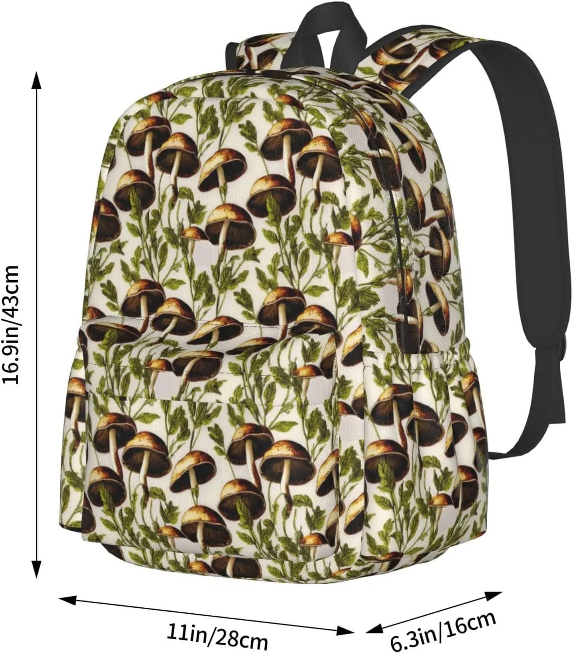 Mushrooms Green Leaves Laptop Commuter Backpack Shoulder Bag Casual Back Pack Daypack Bags With Side Pockets For Work Travel Daily Use