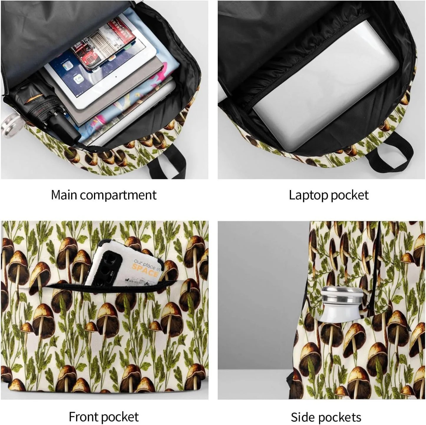 Mushrooms Green Leaves Laptop Commuter Backpack Shoulder Bag Casual Back Pack Daypack Bags With Side Pockets For Work Travel Daily Use