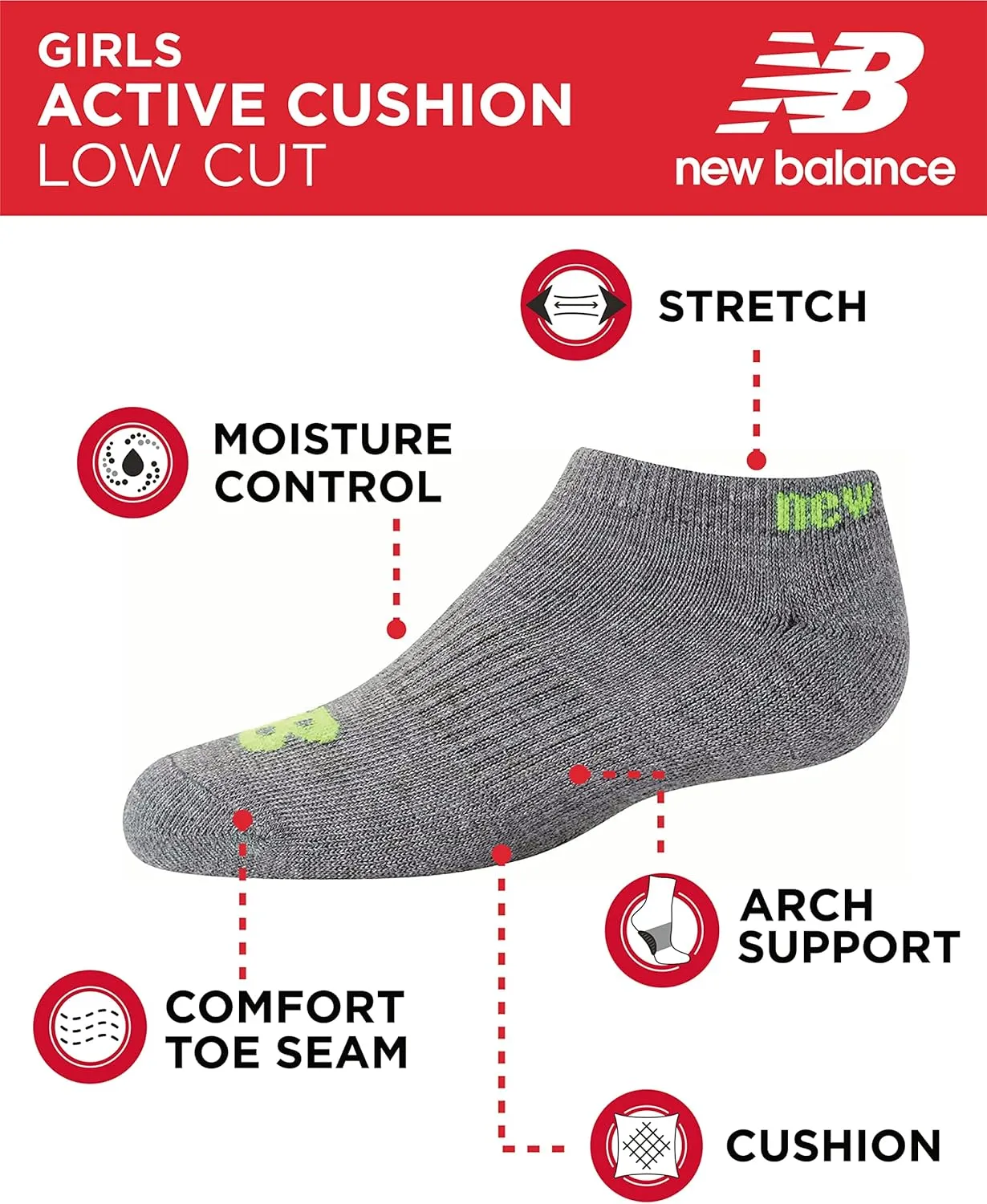 New Balance Girls' Performance Cushioned No Show Socks-8 Pairs-Breathable Mesh Arch Support