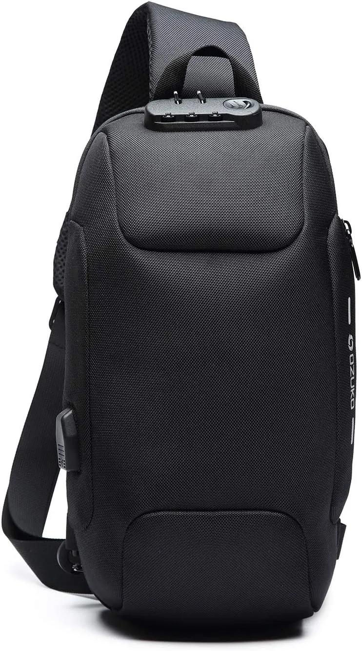 New Men Sling Bag Anti-theft Crossbody Bag Chest Pack with Password Lock,USB, Reflective Stripe Shoulder Bag for Cycling Camping Riding Hiking Waterproof Polyester Black