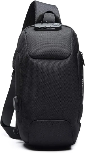 New Men Sling Bag Anti-theft Crossbody Bag Chest Pack with Password Lock,USB, Reflective Stripe Shoulder Bag for Cycling Camping Riding Hiking Waterproof Polyester Black