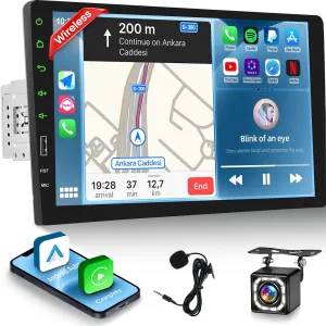 NHOPEEW Single Din Touchscreen Radio with Wireless Carplay and Android Auto - 9 Inch Car Stereo with Bluetooth/Mirror Link/SWC/FM/Seven Color Backlight   12leds Backup Camera & Microphone