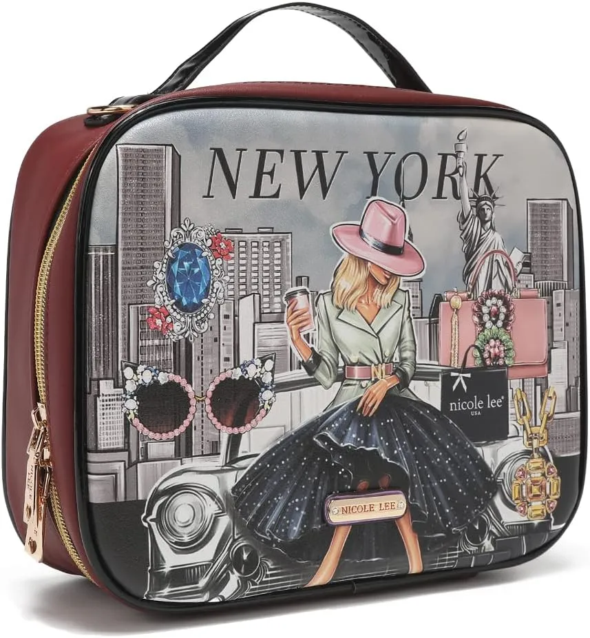Nicole Lee Travel Handbag Crossbody Set with 3 Fashion Print Makeup Pouches, Women's Cosmetic Toiletry Organizer (Success in New York)