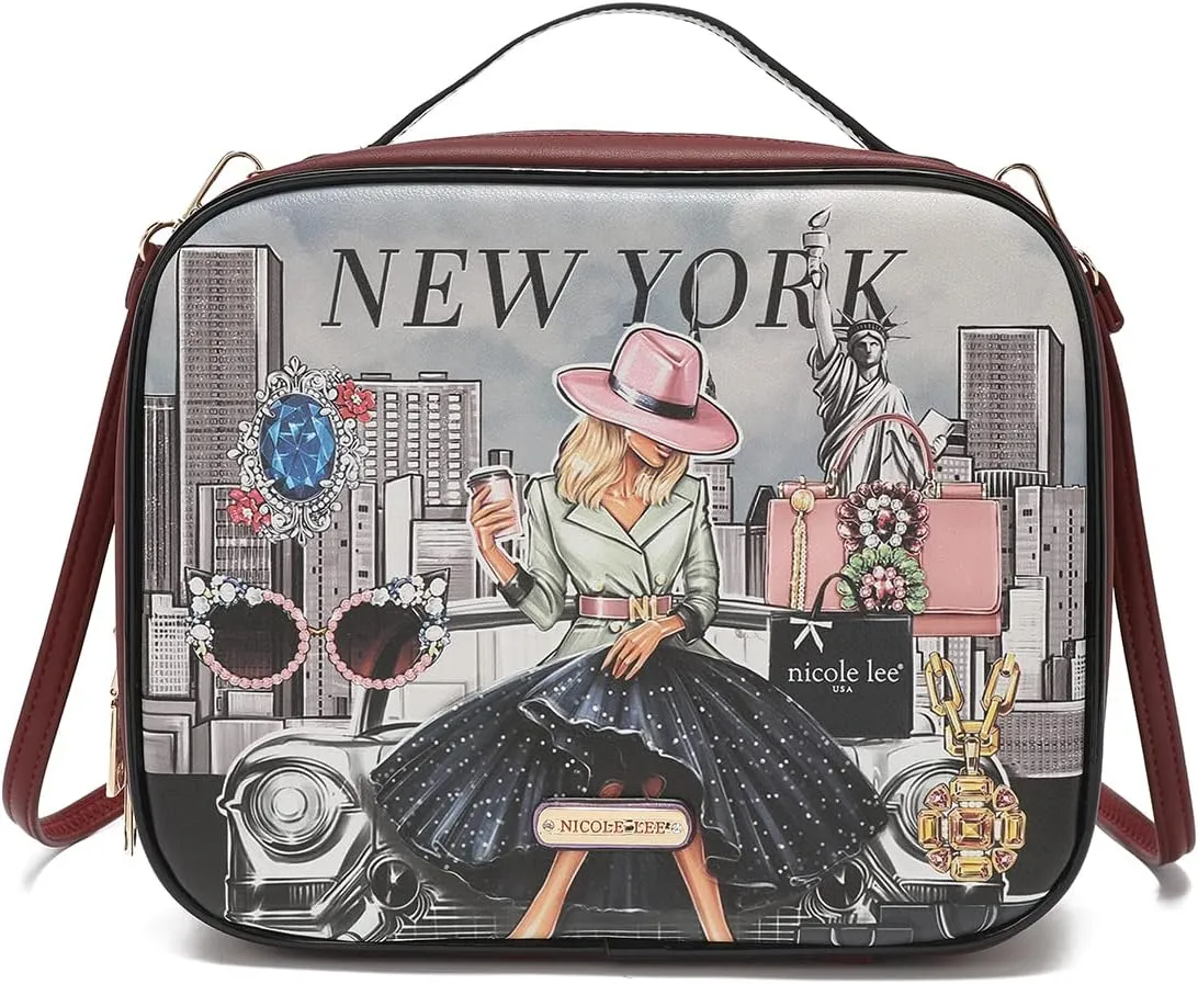 Nicole Lee Travel Handbag Crossbody Set with 3 Fashion Print Makeup Pouches, Women's Cosmetic Toiletry Organizer (Success in New York)