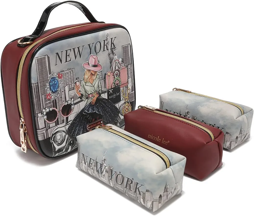 Nicole Lee Travel Handbag Crossbody Set with 3 Fashion Print Makeup Pouches, Women's Cosmetic Toiletry Organizer (Success in New York)