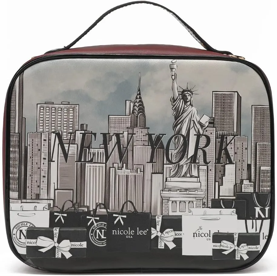 Nicole Lee Travel Handbag Crossbody Set with 3 Fashion Print Makeup Pouches, Women's Cosmetic Toiletry Organizer (Success in New York)