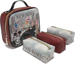 Nicole Lee Travel Handbag Crossbody Set with 3 Fashion Print Makeup Pouches, Women's Cosmetic Toiletry Organizer (Success in New York)