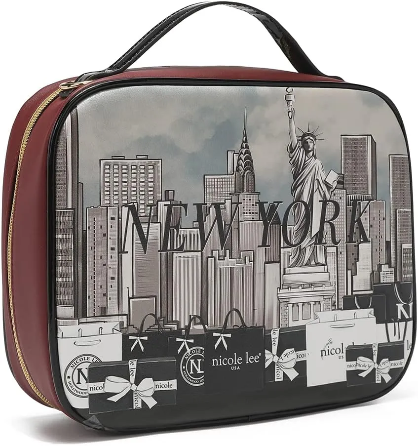 Nicole Lee Travel Handbag Crossbody Set with 3 Fashion Print Makeup Pouches, Women's Cosmetic Toiletry Organizer (Success in New York)