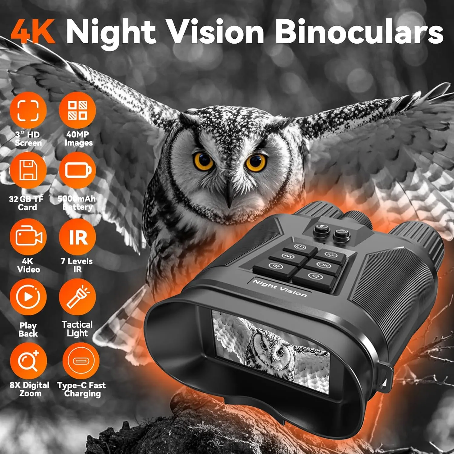 Night Vision Binoculars 5000mAh Night Vision Goggles 4K Video 40MP Images 8X Digital Zoom 7 Gear Adjustable Infrared Scope, 3.2" HD Screen Tactical Light Waterproof, 32GB Card for Outdoor