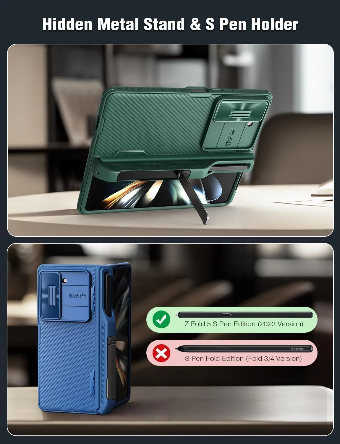 Nillkin for Galaxy Z Fold 5 Case with Detachable S Pen Holder, Hinge Protection & Metal Kickstand & Slide Camera Cover & Wireless Charging, Shockproof Slim Phone Case for Galaxy Z Fold 5 5G 2023, Blue