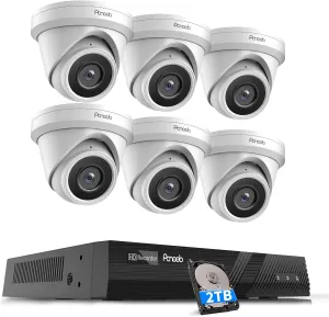 NVR Security Camera System 8 Channel, 6X 5MP Wired Surveillance IP Dome Turret Camera with Person Detection for Home Security, 100ft IR Night Vision, 4K 8CH PoE NVR 2TB HDD, PD93A0608-5M