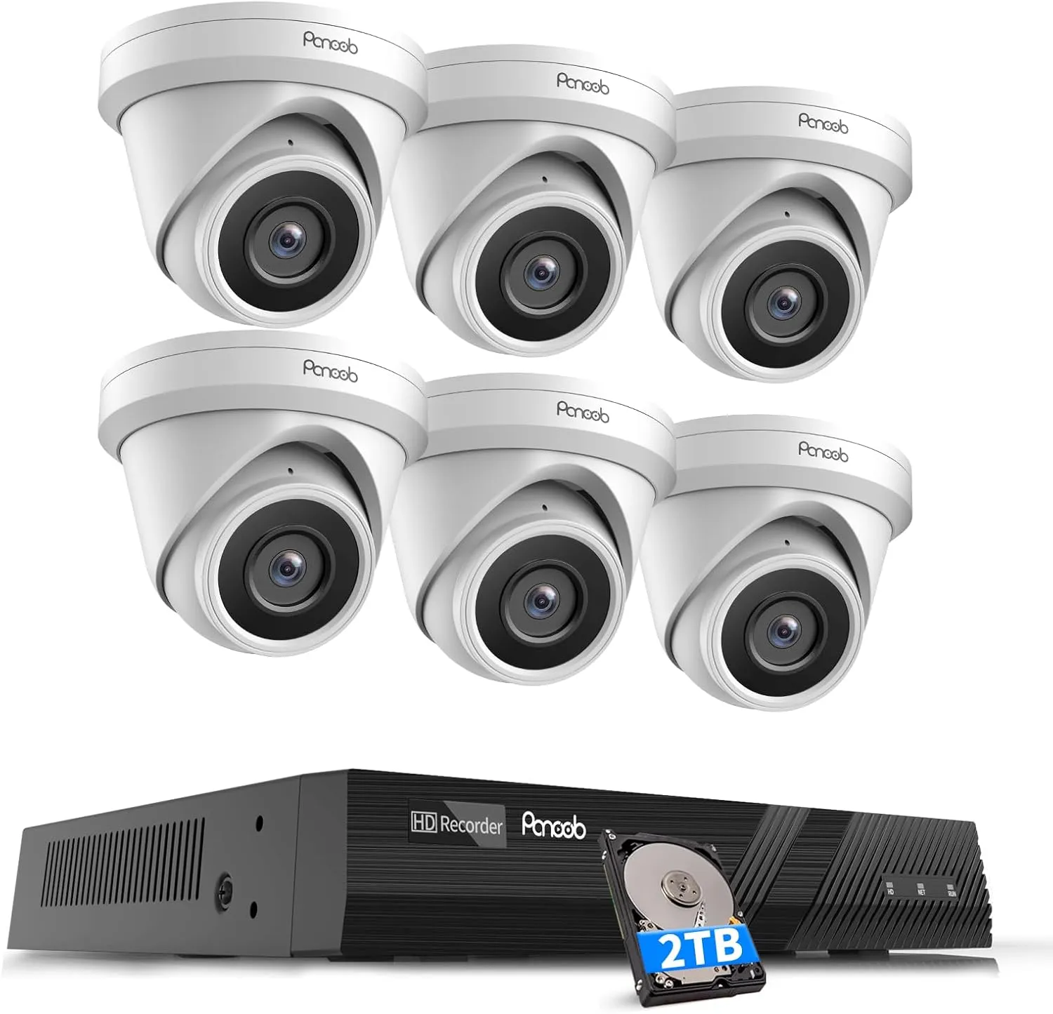 NVR Security Camera System 8 Channel, 6X 5MP Wired Surveillance IP Dome Turret Camera with Person Detection for Home Security, 100ft IR Night Vision, 4K 8CH PoE NVR 2TB HDD, PD93A0608-5M