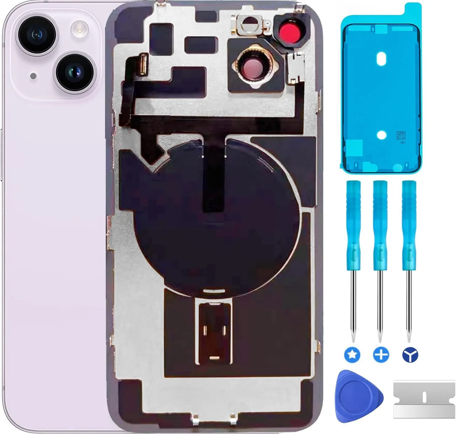 Original 14 Plus Back Glass Replacement & with Plate & Flex Cable and All Parts, Pre-Installed Camera Frame for 14 Plus   Repair Tools (Purple)