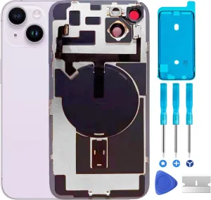 Original 14 Plus Back Glass Replacement & with Plate & Flex Cable and All Parts, Pre-Installed Camera Frame for 14 Plus   Repair Tools (Purple)