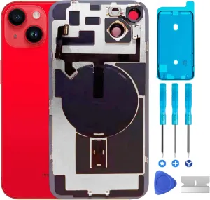 Original14 Plus Back Glass Replacement & with Plate & Flex Cable and All Parts, Pre-Installed Camera Frame for 14 Plus   Repair Tools (Red)
