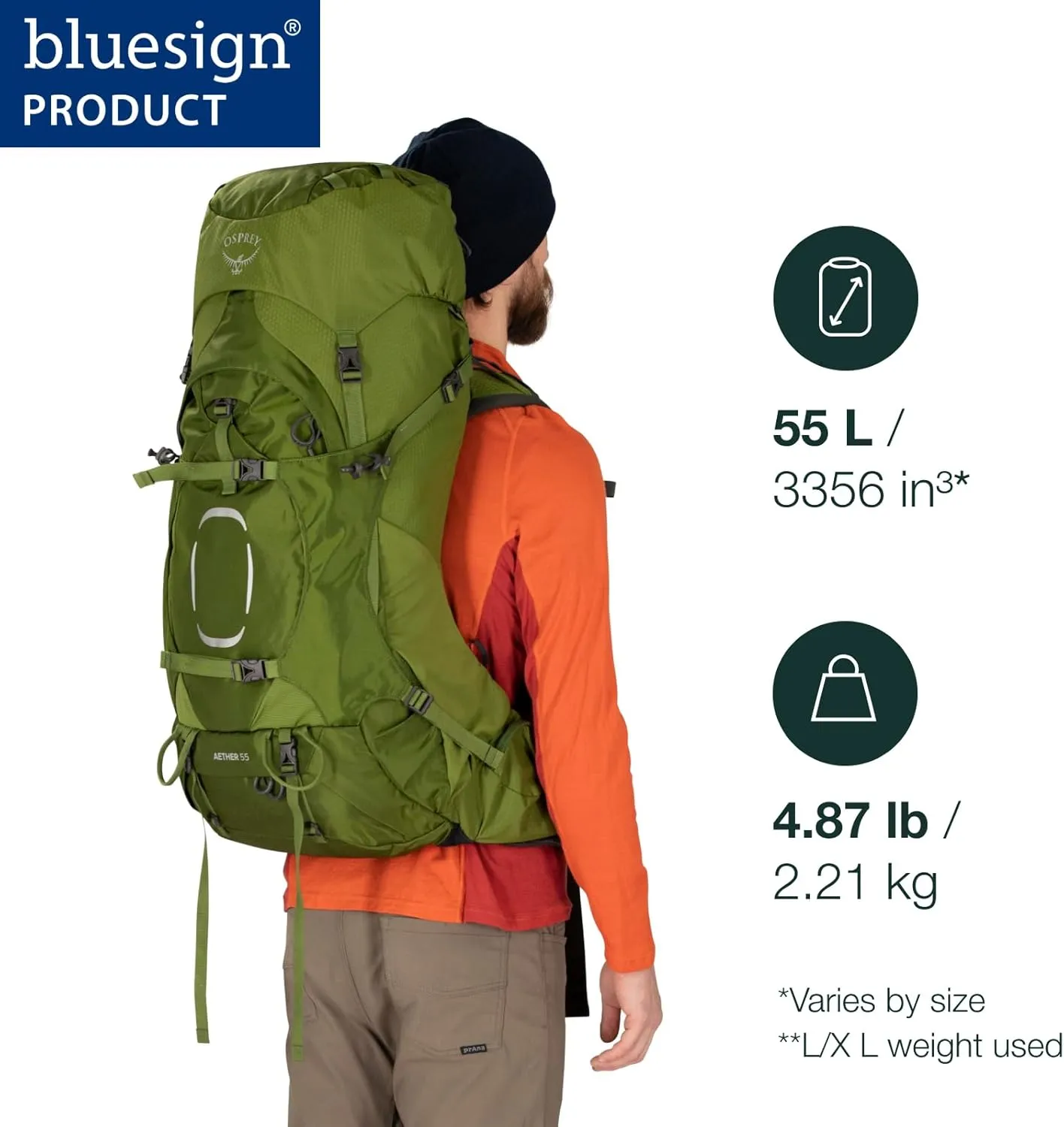 Osprey Aether 55L Men's Backpacking Backpack, Garlic Mustard Green, L/XL