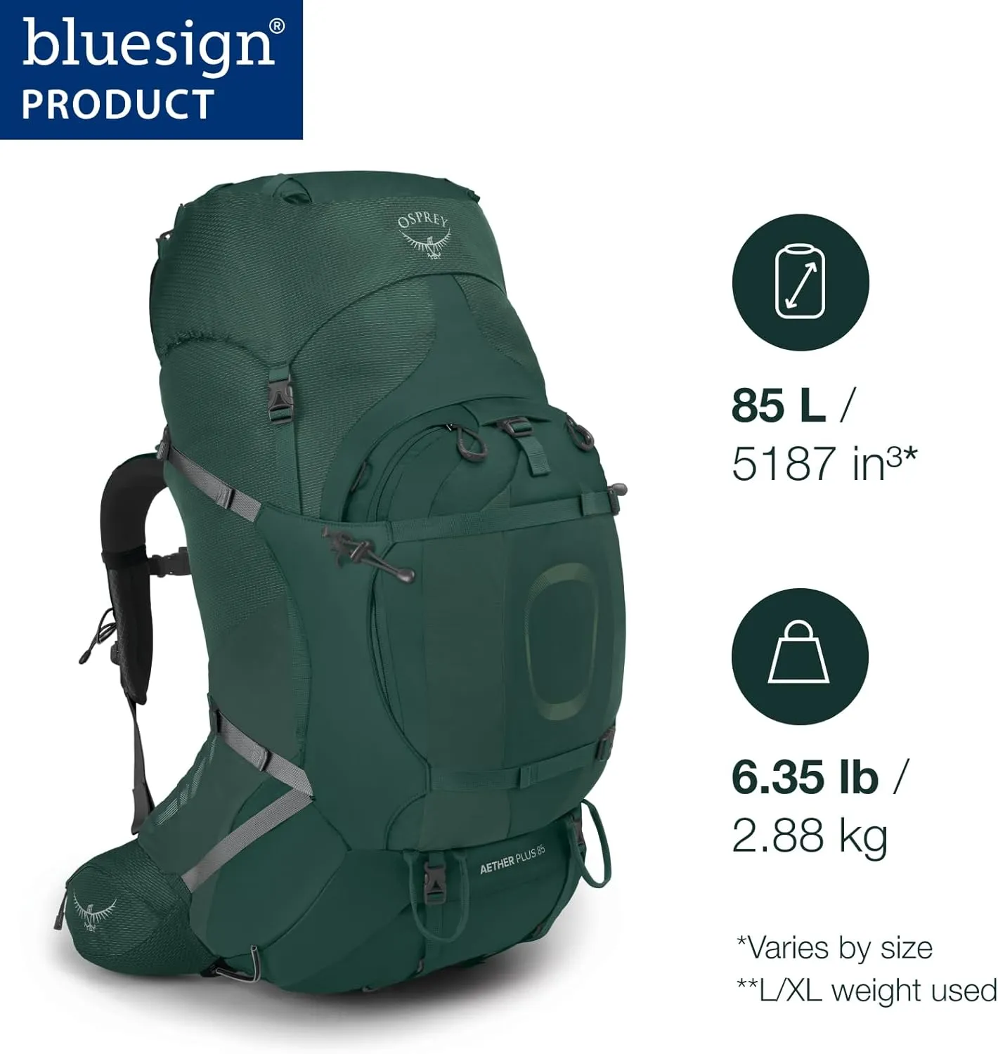 Osprey Aether Plus 85L Men's Backpacking Backpack, Black, L/XL