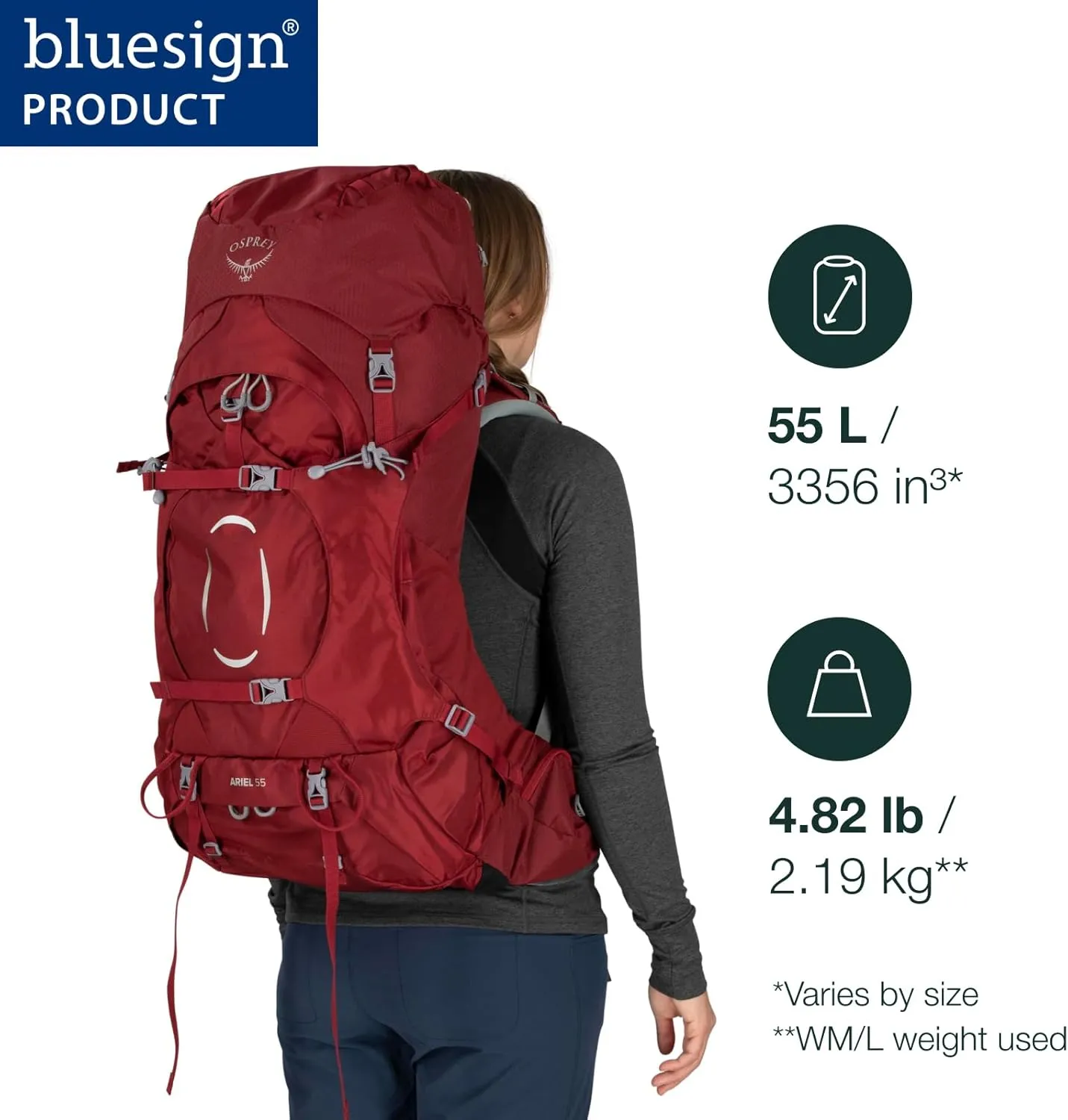 Osprey Ariel 55L Women's Backpacking Backpack, Claret Red, WXS/S
