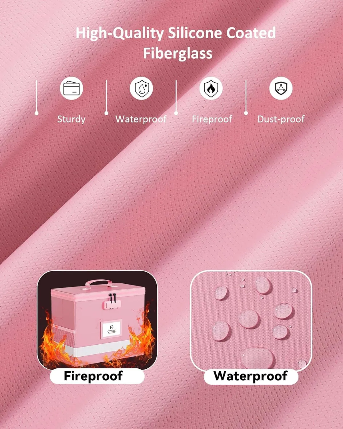 Oterri 2 Pack Fireproof Document Box With Lock, Portable File Safe Box Fireproof Waterproof For Letter Files, Collapsible Fireproof File Box With Handle (Pink, 2 Pack)