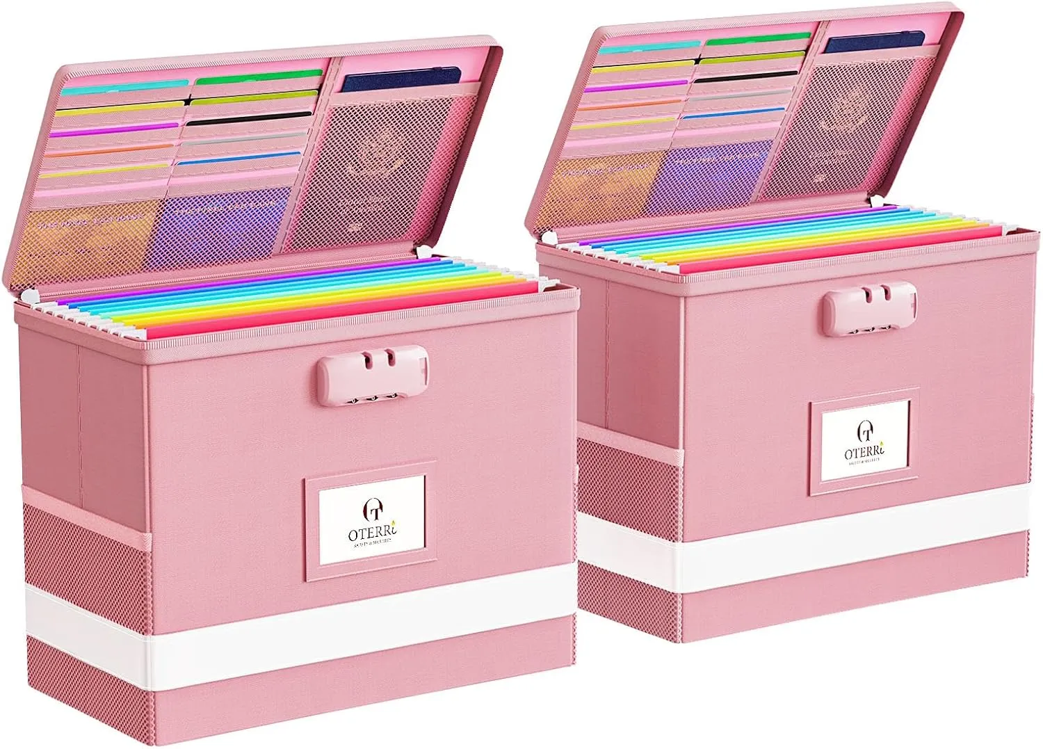 Oterri 2 Pack Fireproof Document Box With Lock, Portable File Safe Box Fireproof Waterproof For Letter Files, Collapsible Fireproof File Box With Handle (Pink, 2 Pack)