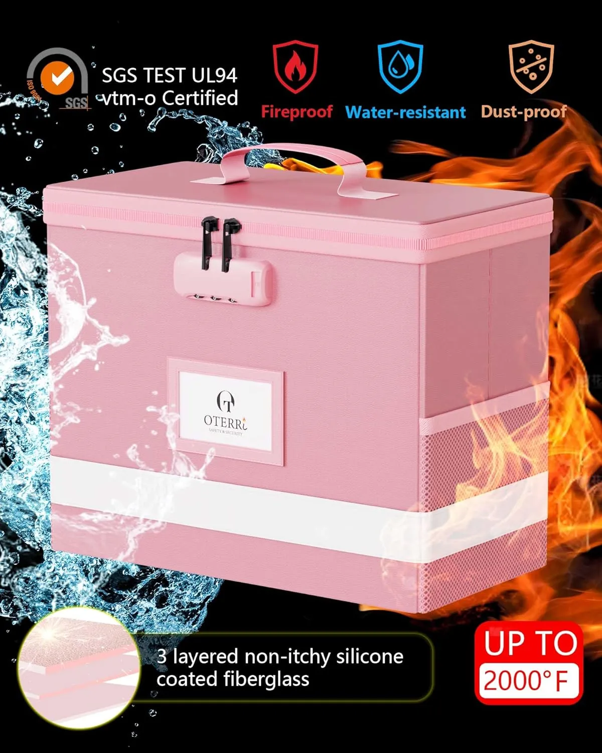 Oterri 2 Pack Fireproof Document Box With Lock, Portable File Safe Box Fireproof Waterproof For Letter Files, Collapsible Fireproof File Box With Handle (Pink, 2 Pack)