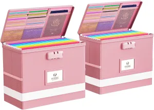 Oterri 2 Pack Fireproof Document Box With Lock, Portable File Safe Box Fireproof Waterproof For Letter Files, Collapsible Fireproof File Box With Handle (Pink, 2 Pack)