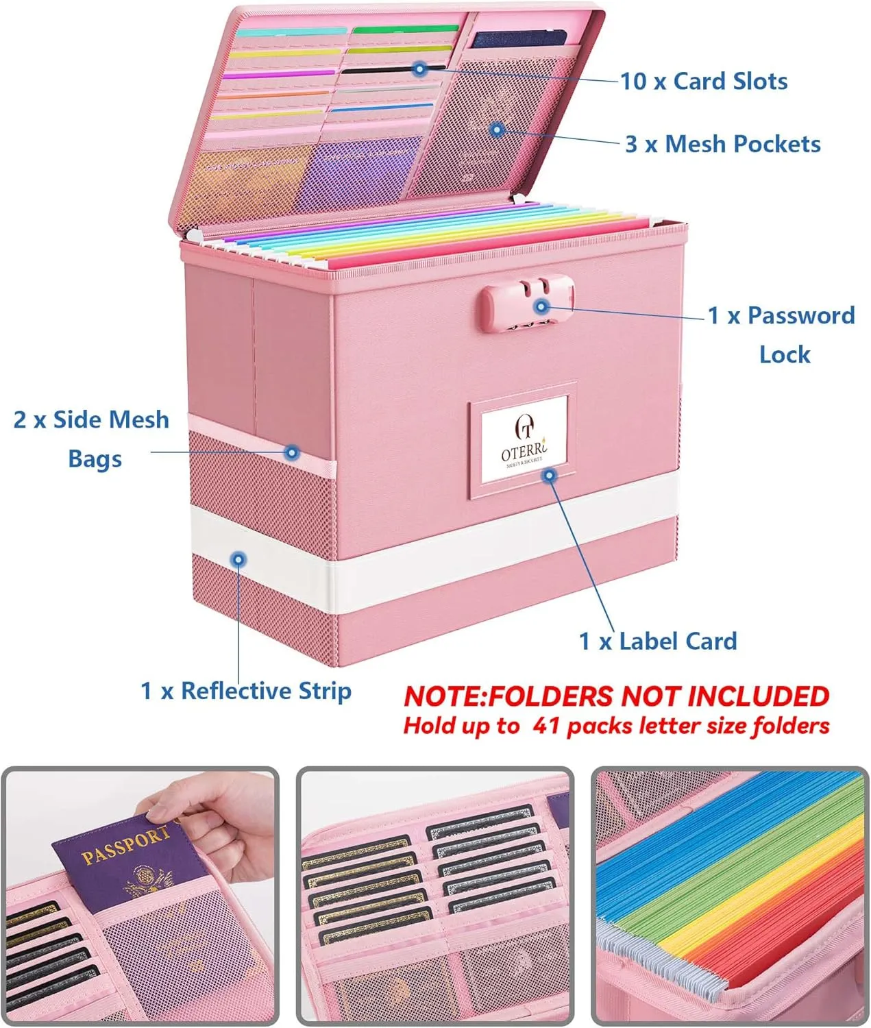 Oterri 2 Pack Fireproof Document Box With Lock, Portable File Safe Box Fireproof Waterproof For Letter Files, Collapsible Fireproof File Box With Handle (Pink, 2 Pack)