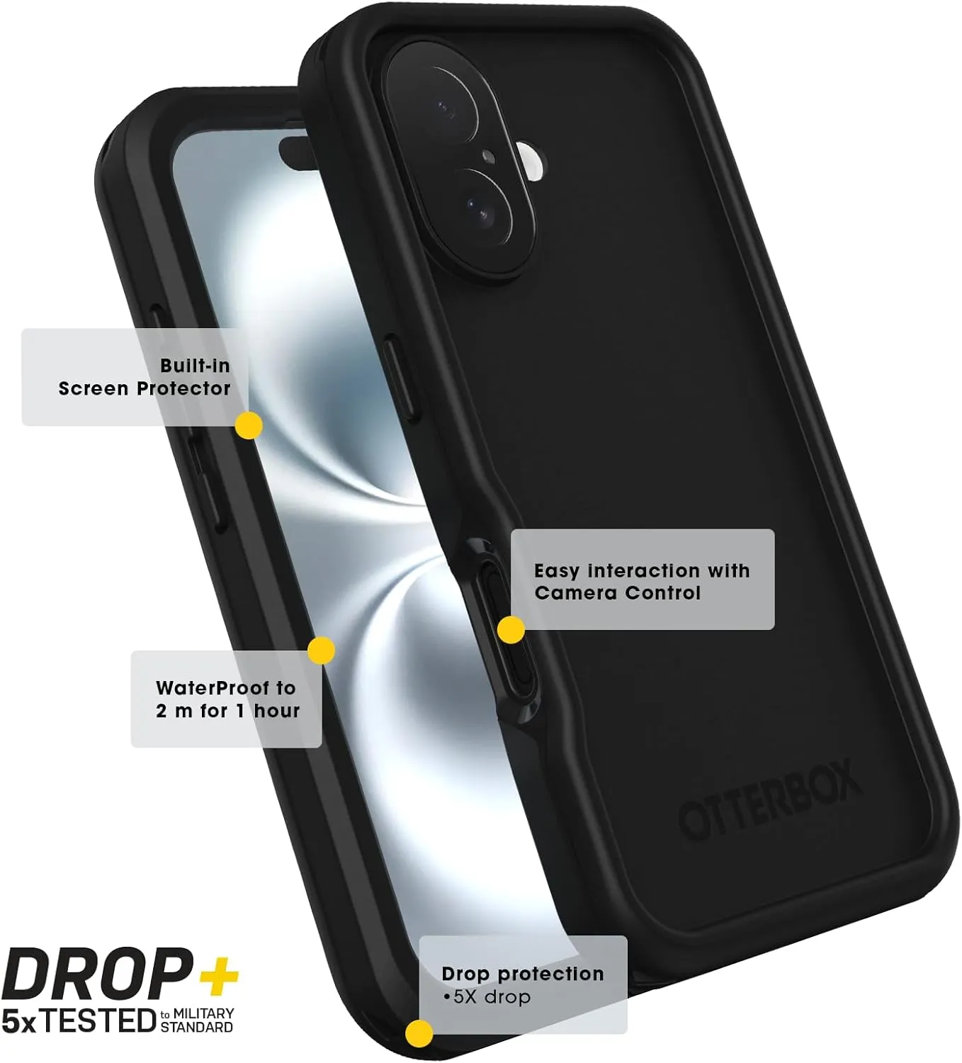 OtterBox iPhone 16 Pro FRĒ Series Waterproof Case with MagSafe (Designed by LifeProof) - Black, Waterproof, 60% Recycled Plastic, Sleek and Stylish