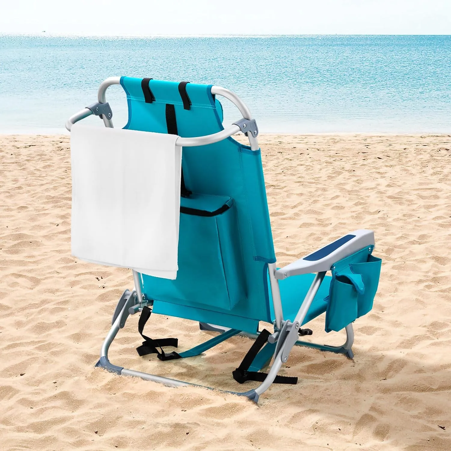 Outvita Backpack Beach Chair, 5 Level Adjustable Positions Beach Chair with Back Storage Bag, Cooler Pouch and Side Bags for Beach Poolside Lawn