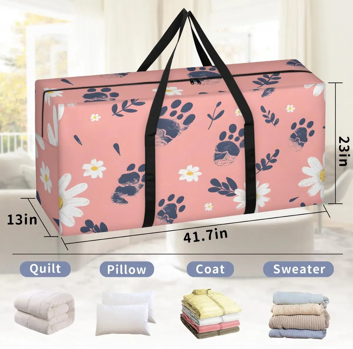 Oversized Moving Bags Daisy Footprints Waterproof Storage Totes Large Storage Bags for Clothes Packing Bags for Moving Travel & Clothes Storage