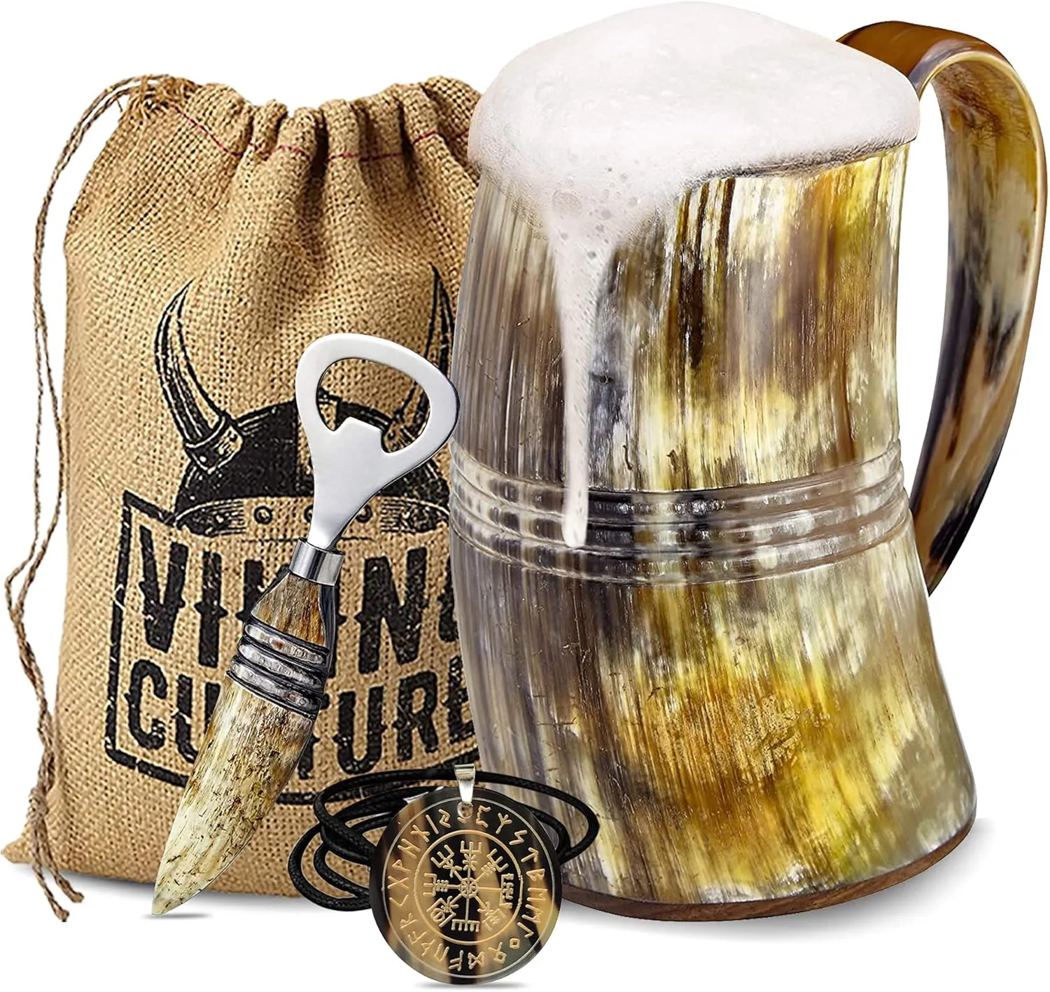 Ox Horn Mug, Norse Pendant, and Bottle Opener (3 Pc. Set) Authentic 32-oz. Ale, Mead, and Beer Tankard | Vintage Stein with Handle | - Natural Finish | The Ring
