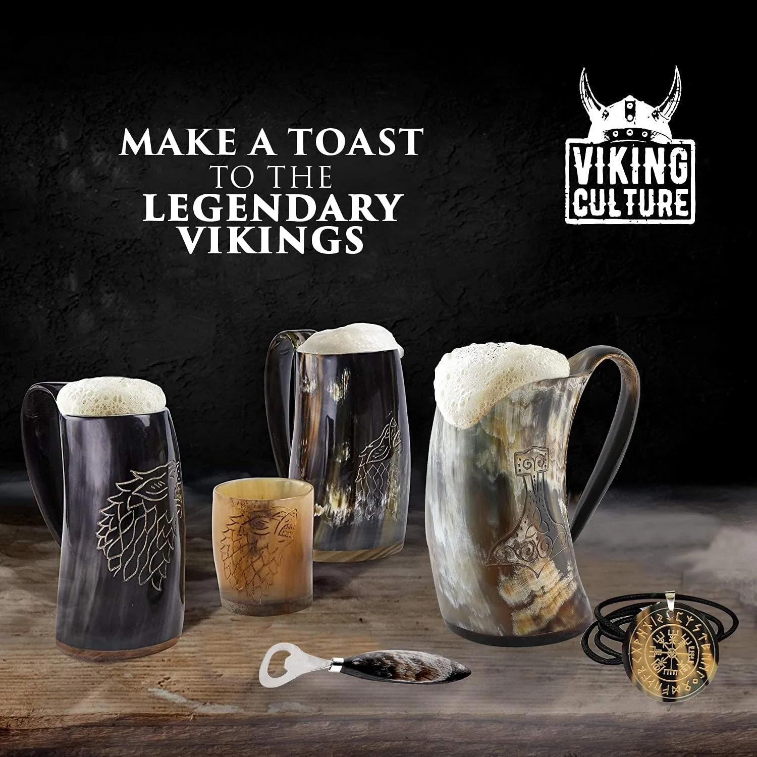Ox Horn Mug, Norse Pendant, and Bottle Opener (3 Pc. Set) Authentic 32-oz. Ale, Mead, and Beer Tankard | Vintage Stein with Handle | - Natural Finish | Without Design