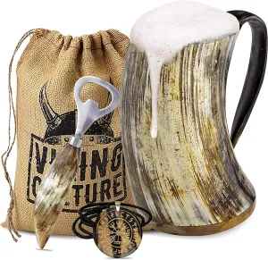 Ox Horn Mug, Norse Pendant, and Bottle Opener (3 Pc. Set) Authentic 32-oz. Ale, Mead, and Beer Tankard | Vintage Stein with Handle | - Natural Finish | Without Design