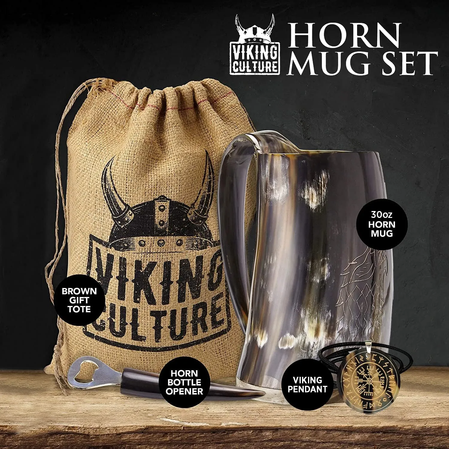 Ox Horn Mug, Norse Pendant, and Bottle Opener (3 Pc. Set) Authentic 32-oz. Ale, Mead, and Beer Tankard | Vintage Stein with Handle | - Natural Finish | Without Design