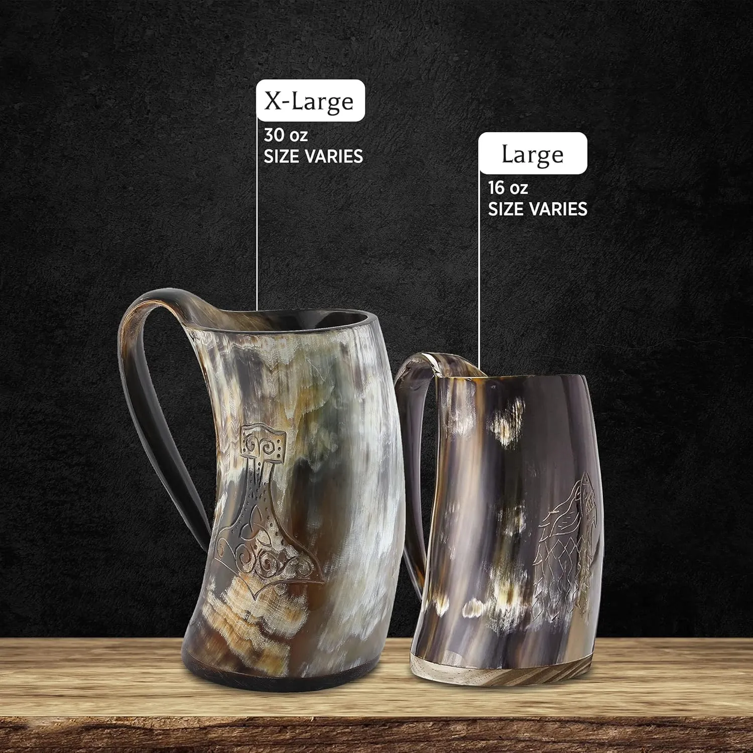Ox Horn Mug, Norse Pendant, and Bottle Opener (3 Pc. Set) Authentic 32-oz. Ale, Mead, and Beer Tankard | Vintage Stein with Handle | - Natural Finish | Without Design