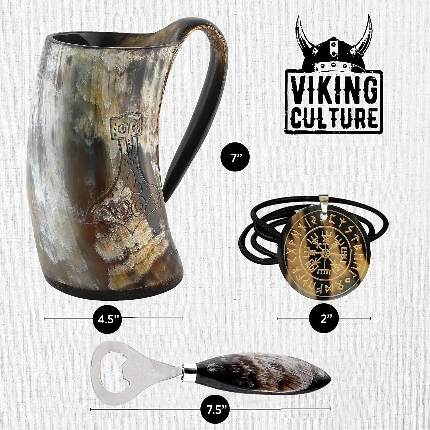 Ox Horn Mug, Norse Pendant, and Bottle Opener (3 Pc. Set) Authentic 32-oz. Ale, Mead, and Beer Tankard | Vintage Stein with Handle | - Natural Finish | Without Design