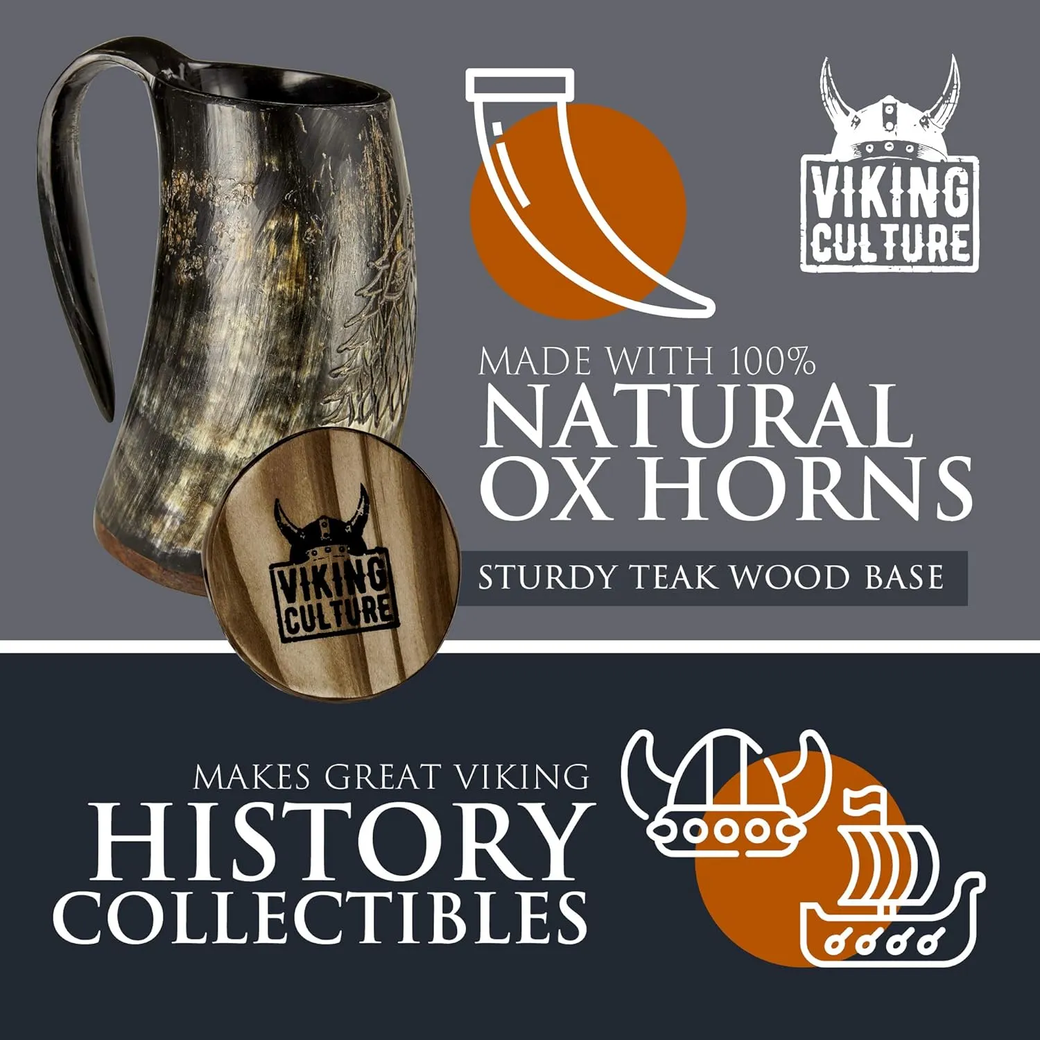 Ox Horn Mug, Norse Pendant, and Bottle Opener (3 Pc. Set) Authentic 32-oz. Ale, Mead, and Beer Tankard | Vintage Stein with Handle | - Natural Finish | Without Design