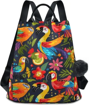 Parrots and Leaves Backpack for Women Anti Theft Large Fashion Travel Shoulder Bag Purse Rucksack Lightweight