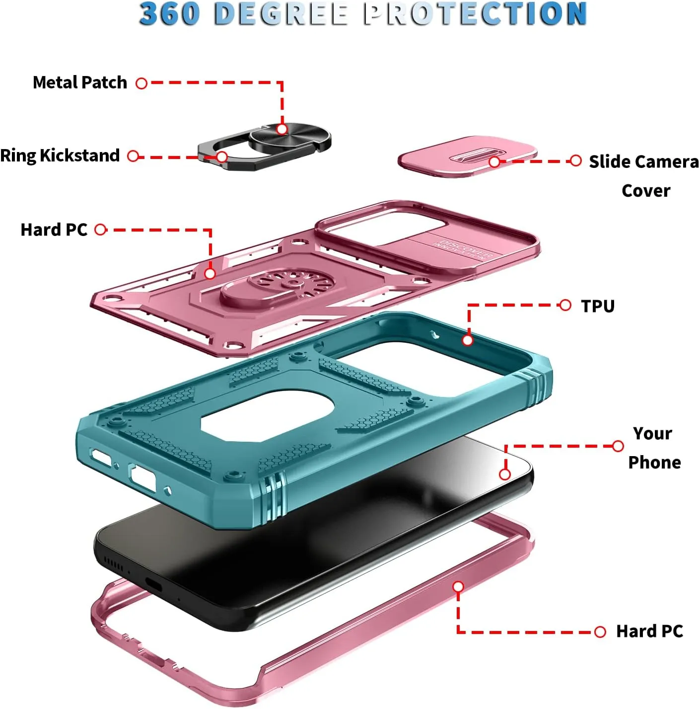 PASNEW for Samsung Galaxy A54 Case Camera Slide Cover & 360° Ring Kickstand,Multi-Layer Military Heavy Duty Full Body Shockproof Hard Shell for A54 5G Cases,6.4 inch,Pink Green