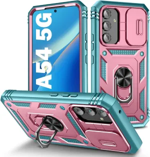 PASNEW for Samsung Galaxy A54 Case Camera Slide Cover & 360° Ring Kickstand,Multi-Layer Military Heavy Duty Full Body Shockproof Hard Shell for A54 5G Cases,6.4 inch,Pink Green