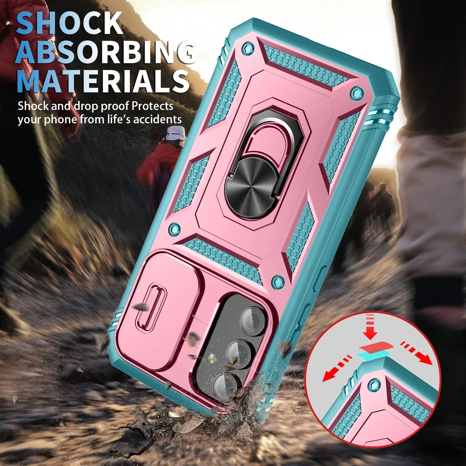 PASNEW for Samsung Galaxy A54 Case Camera Slide Cover & 360° Ring Kickstand,Multi-Layer Military Heavy Duty Full Body Shockproof Hard Shell for A54 5G Cases,6.4 inch,Pink Green