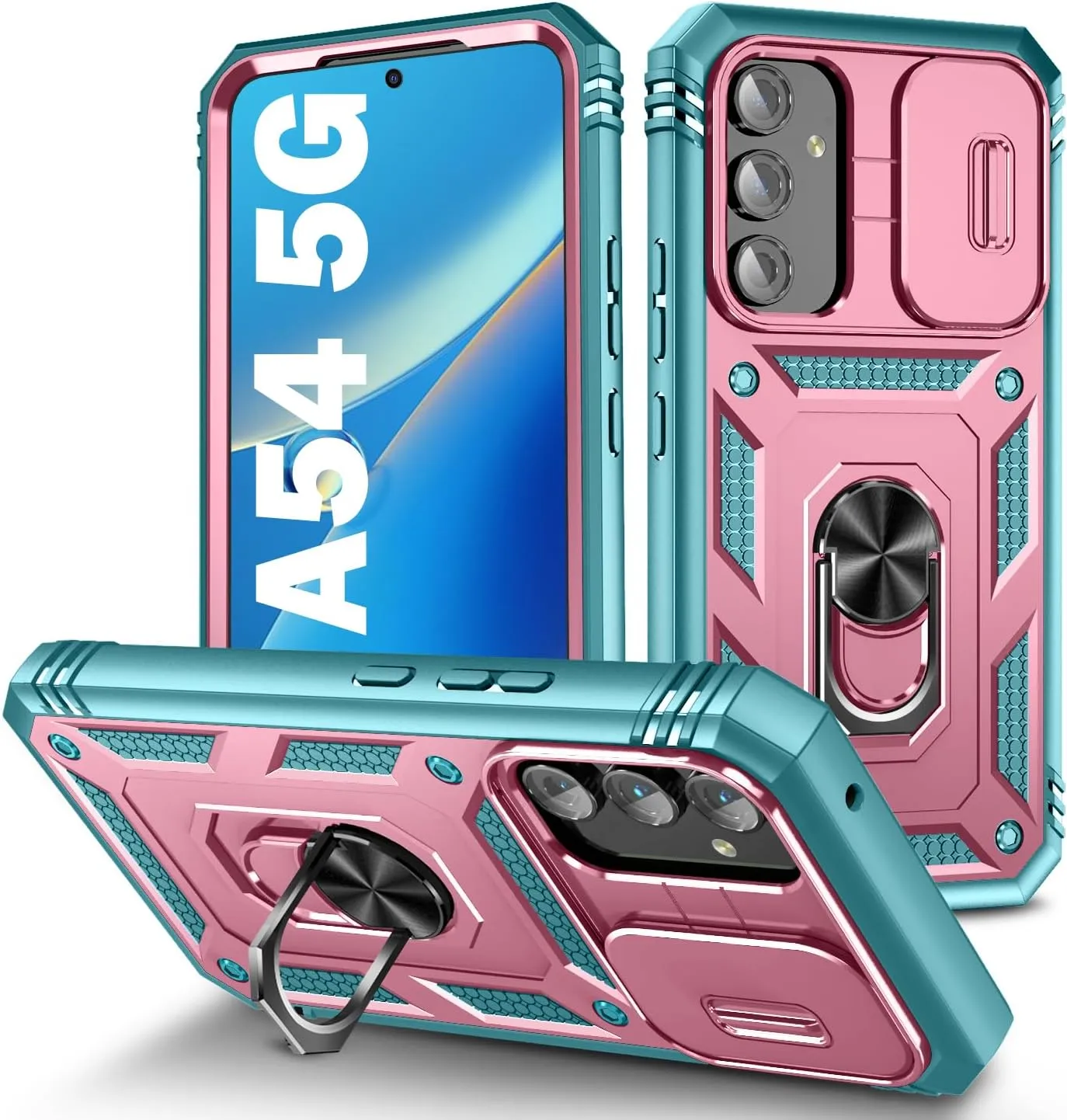 PASNEW for Samsung Galaxy A54 Case Camera Slide Cover & 360° Ring Kickstand,Multi-Layer Military Heavy Duty Full Body Shockproof Hard Shell for A54 5G Cases,6.4 inch,Pink Green