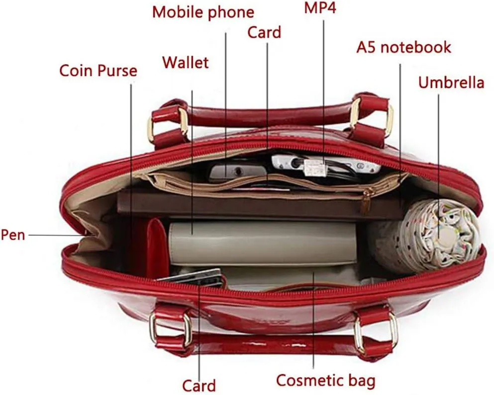 Patent Leather Dome Satchel Purse Zip-around Handbag Multi-Pocket Shoulder Bag Shiny Large Top-handle Shell Bag